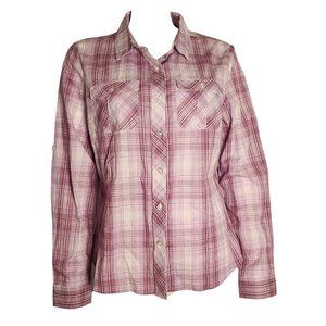 RUSTIC RIDGE Purple White Plaid Long Sleeve Button Down Shirt Womens Size L